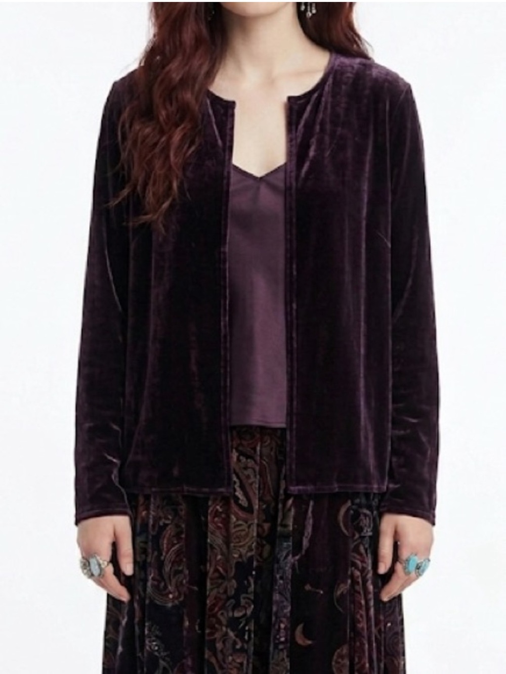 Eileen Fisher Velvet Silk Cardigan Size Medium Deep Plum Single Top Closure